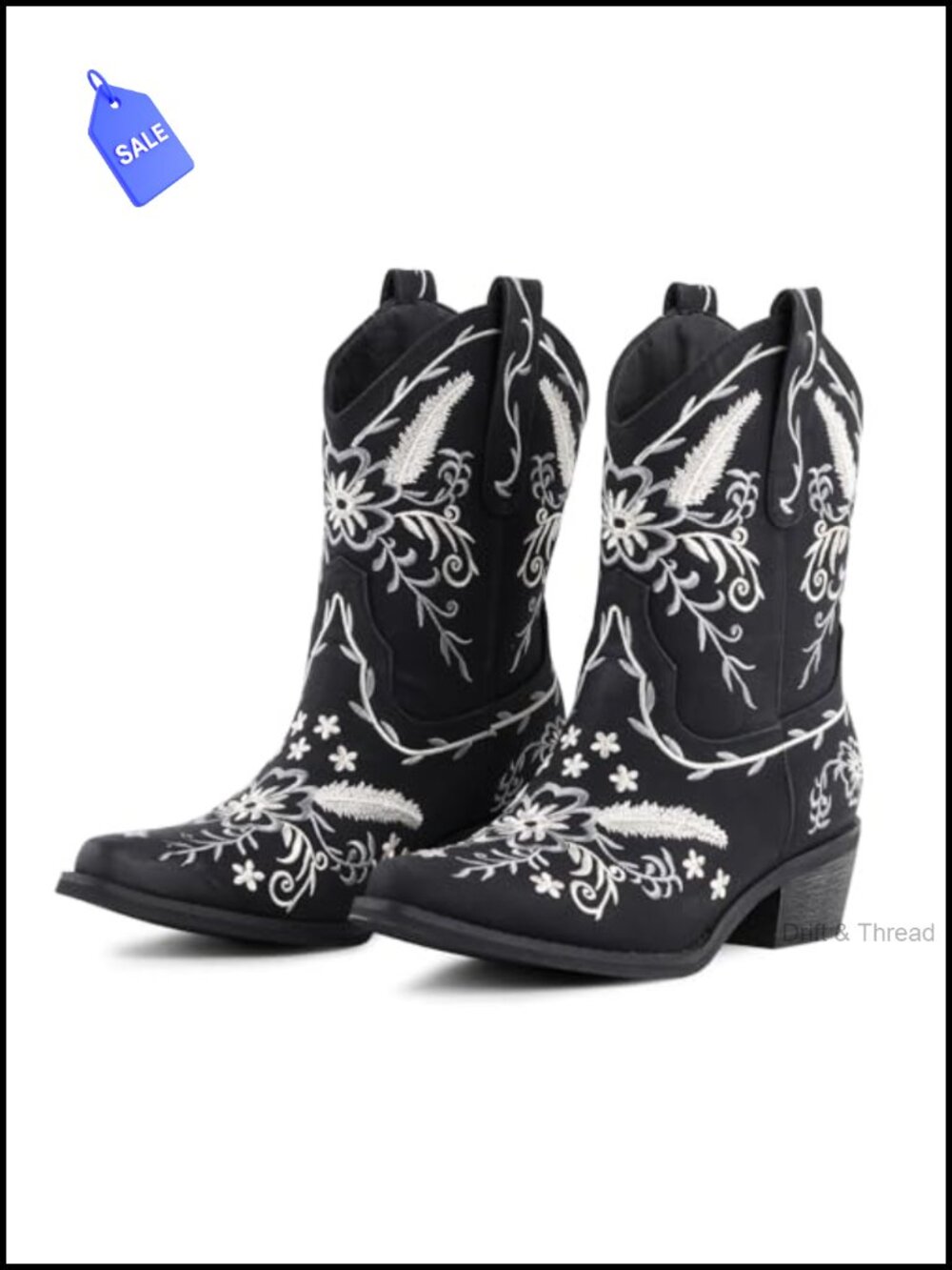 Floral Embroidered Cowboy Boots Pointed Toe Chunky Heel Faux Leather